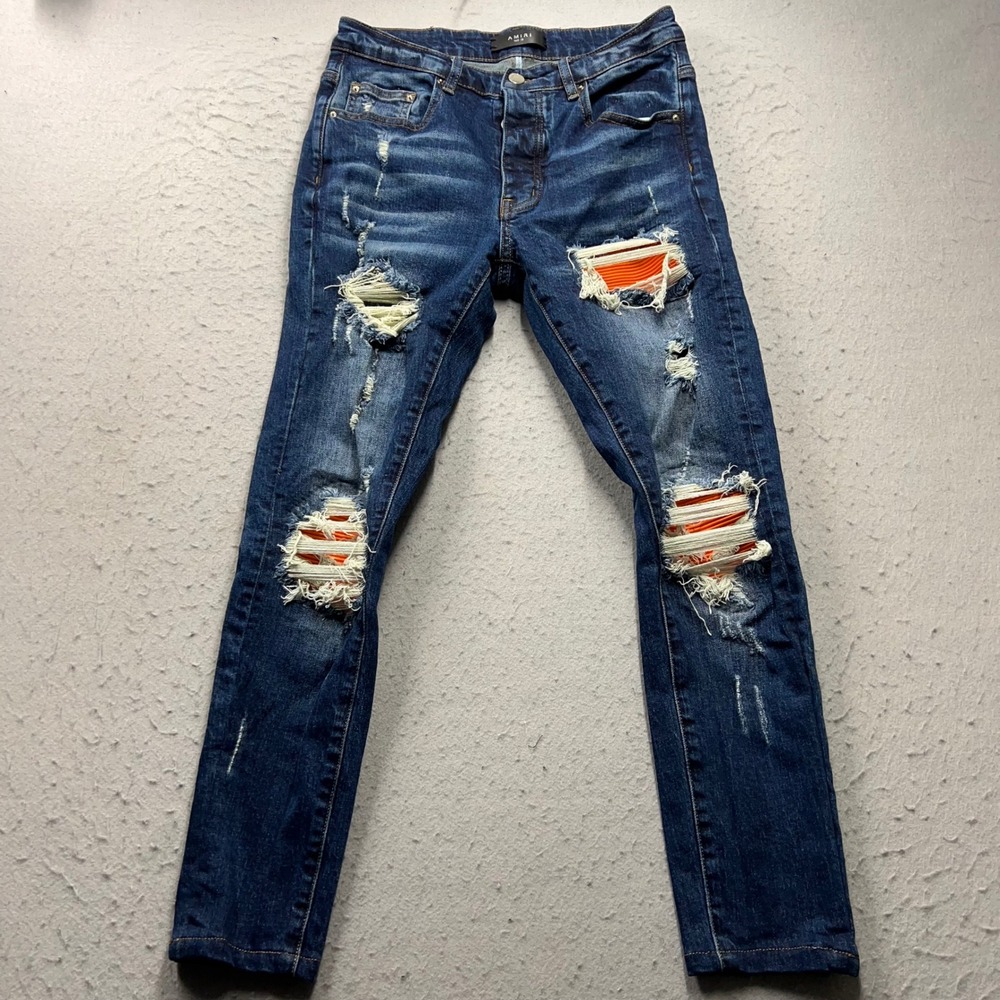 Amiri MX1 Distressed Jeans Blue Orange Patch Slim Fit Denim Size 29 USA Made